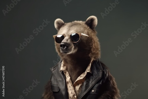 Cool looking bear wearing funky fashion dress and black sunglasses 