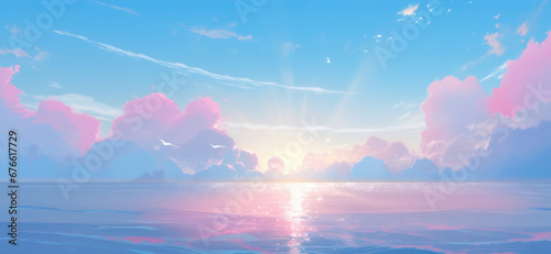Clouds and seascape illustration in beautiful purple and pink tones. Sunrise in ocean, nature landscape background.