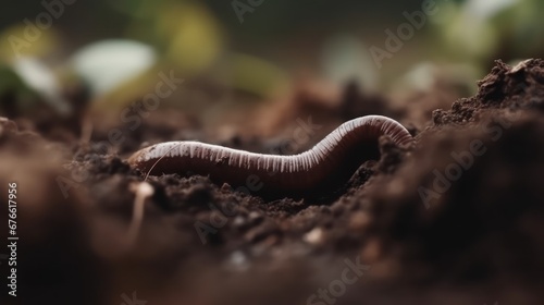 One earthworm on wet soil closeup view © SaraY Studio 