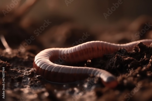 One earthworm on wet soil closeup view © SaraY Studio 