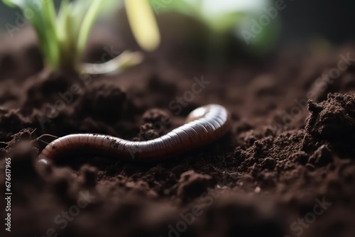 One earthworm on wet soil closeup view © SaraY Studio 