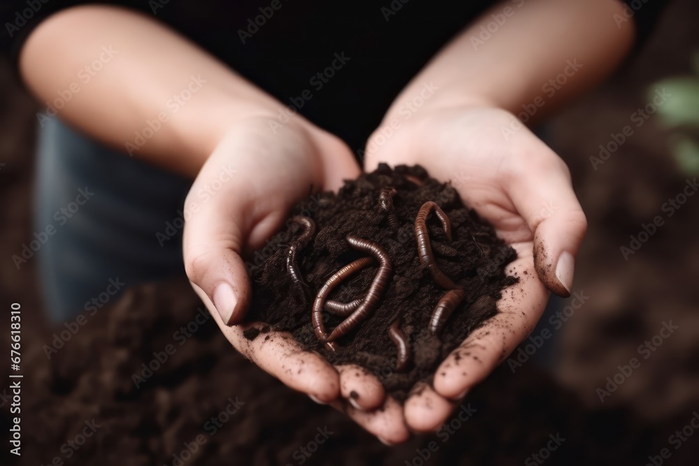 Woman hands holding soil with earthworms,earthworm farming