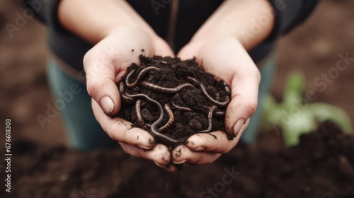 Woman hands holding soil with earthworms,earthworm farming photo