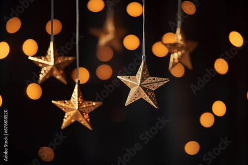 Hanging golden stars on black background photo