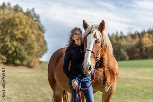 A young woman and her noriker coldblood draught horse on a meadow in autumn outdoors