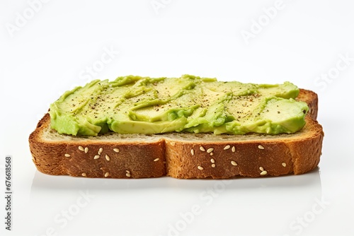Avocado Toast, with toasted artisanal bread and creamy avocado slices, isolated on a pristine white background, showcasing the delectable simplicity of this classic and nutritious dish.