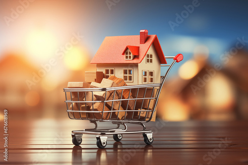 Home in shopping trolley, shopping cart and house on bokeh background. Mortgage, buying, renting, selling property concept