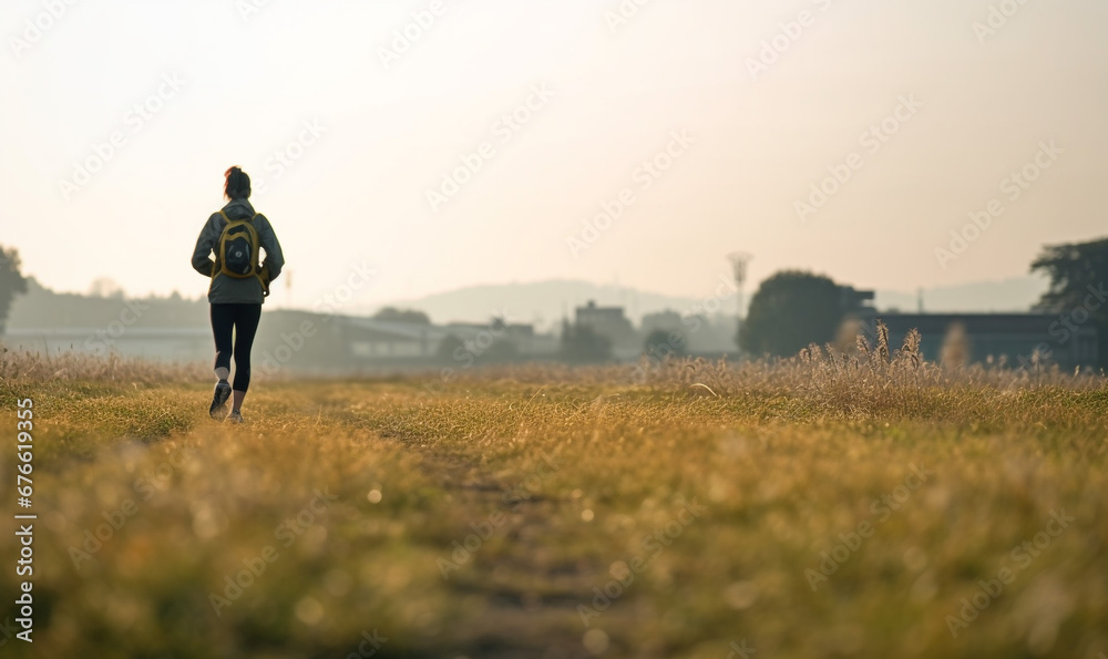 woman alone jogging in field