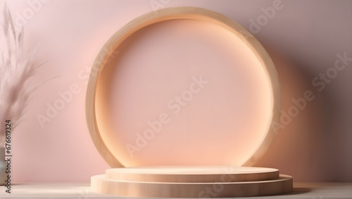 Elegant product display podium scene. Round podium on table counter with natural light.