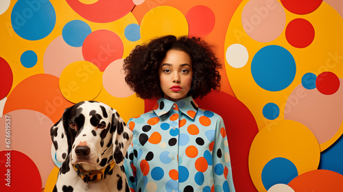 portrait of girl and dalmatian dog with colorful polka dot spots background 