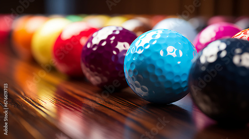 Golf balls on hardwood floor - worm’s were view 