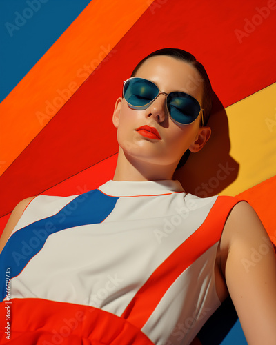 female model in sporty fashion editorial photoshoot on colorful graphic tennis court