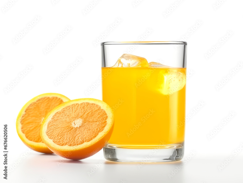 Glass of orange juice with slice of orange isolated on white background. Glass of orange juice with slice of orange isolated on white background.