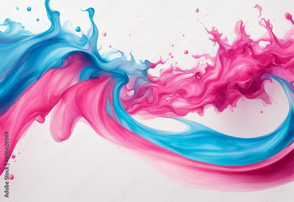 Blue and pink paint splashes on a white background. Abstract background, space for text. Generative AI