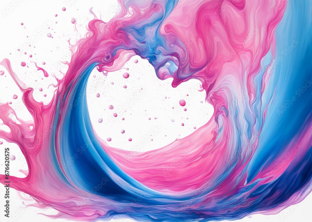 Blue and pink paint splashes on a white background. Abstract background, space for text. Generative AI