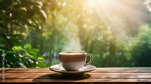 a cup of coffee set on an outdoor table, with the morning dew still fresh on the surrounding greenery.