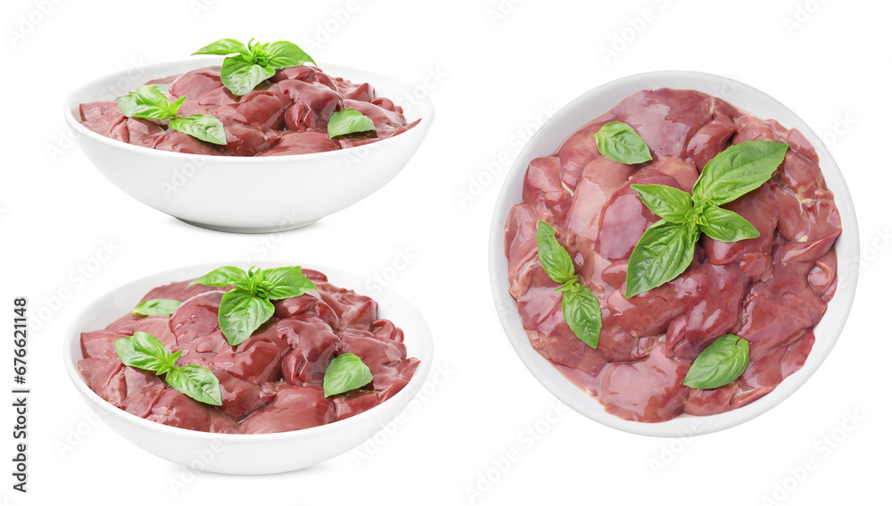 Fresh chicken liver in bowl isolated on white, collection. Top and side views