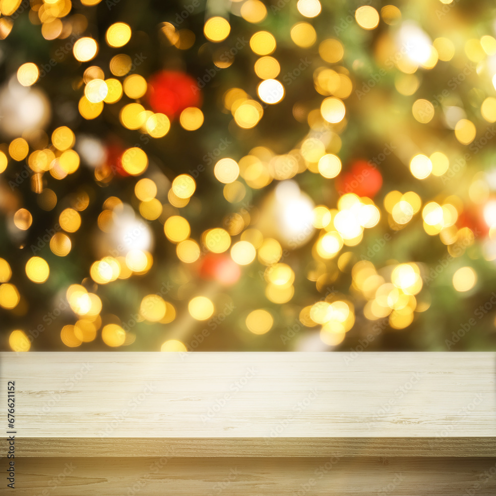Empty wooden board against Christmas tree, space for design