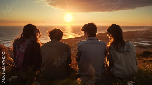 Three Teens Watching Sunset on Coastal Hill