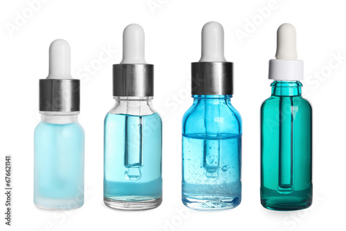 Serums in different bottles isolated on white, collection