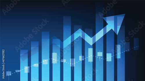 finance background. uptrend arrow with candlesticks and bar chart show economy business statistics