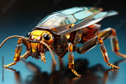 Mechanical Insect with Amber Accents on Blue Backdrop