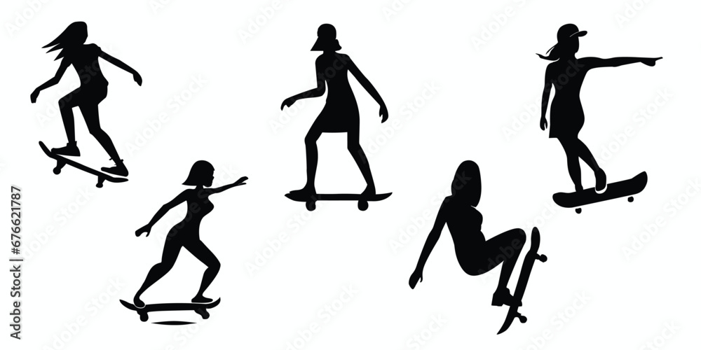 Woman skater silhouettes set. Set of woman skater black flat icons. Vector illustration Woman skater silhouettes set. Set of woman skater black flat icons. Vector illustration