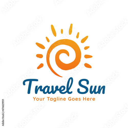 Orange, yellow gradient sun logo icon abstract hand drawn illustration for your travel company business