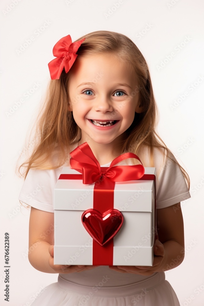 Happy caucasian american gril with a red bow tie, blonde hair, white dress, and Valentine's day present Happy caucasian american gril with a red bow tie, blonde hair, white dress, and Valentine's day present