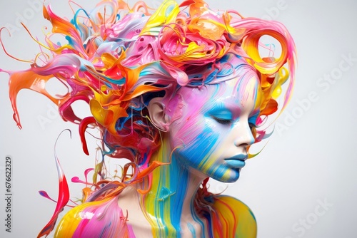 Close up of woman vibrant face painting, perfect makeup, beauty fashion