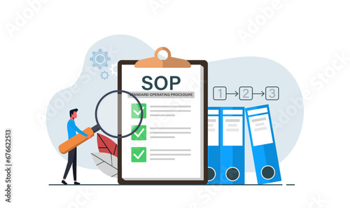 Standard Operating Procedure or SOP, employee is checking written instructions step by step compiled by organization to perform routine activity properly