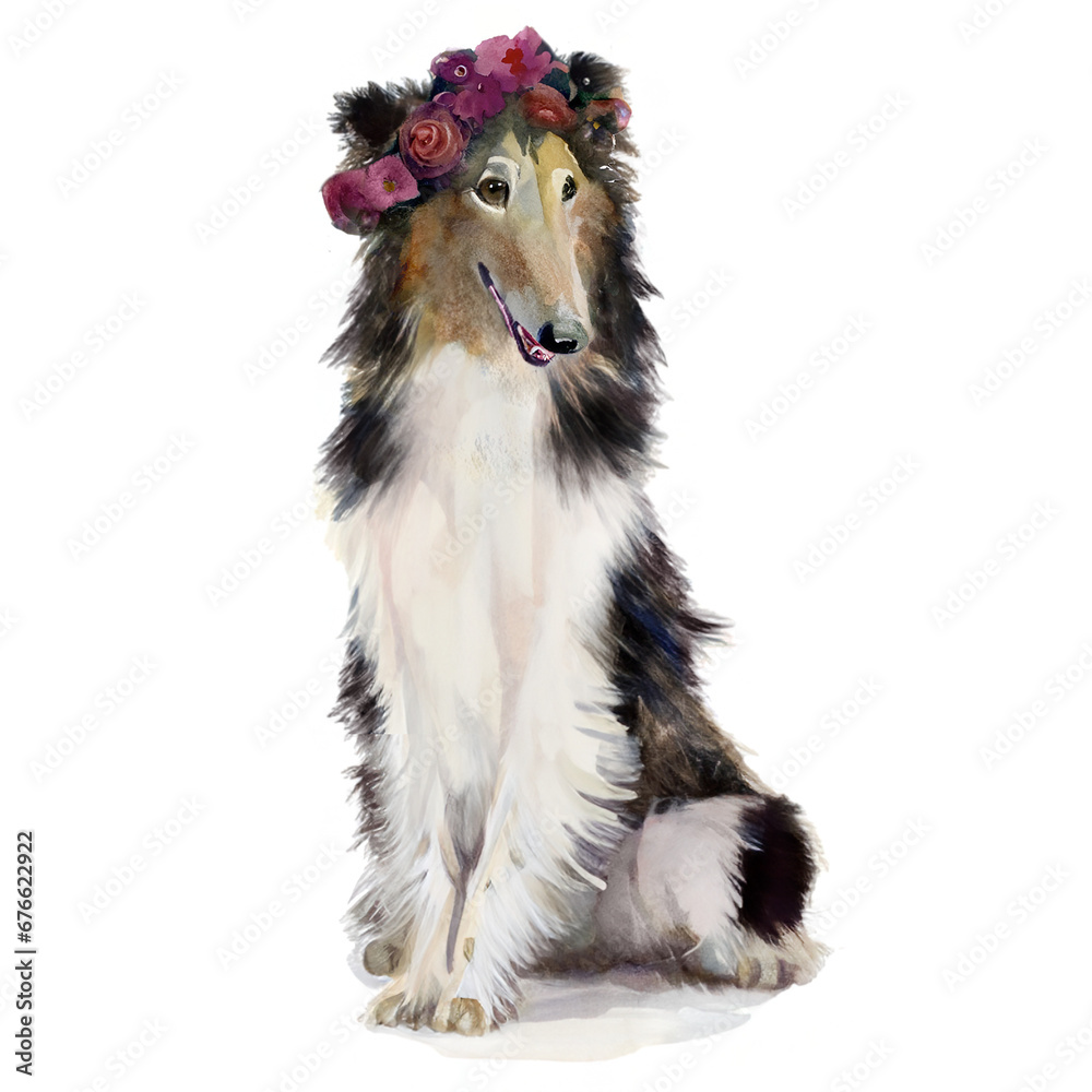 Rough Collie dog sitting watercolor illustration wearing red flower rose crown on white background—Wedding pet portrait
