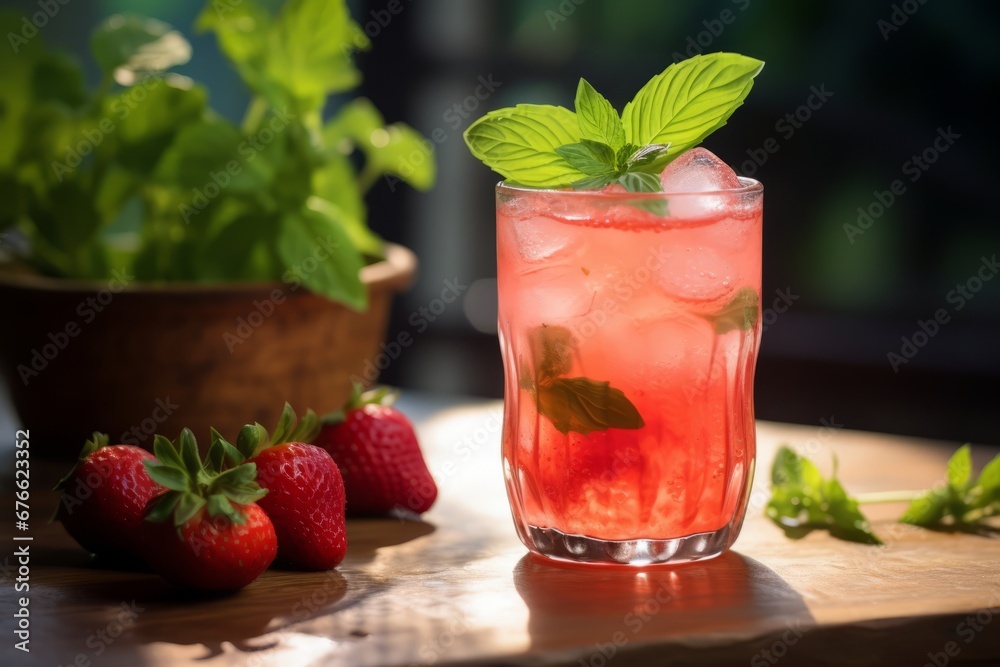 A Vibrant and Refreshing Strawberry Basil Lemonade Basks in Warm Sunlight on a Rustic Wooden Surface A Vibrant and Refreshing Strawberry Basil Lemonade Basks in Warm Sunlight on a Rustic Wooden Surface