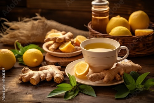 A healthful cup of ginger lemon tea surrounded by its natural ingredients on a vintage wooden table