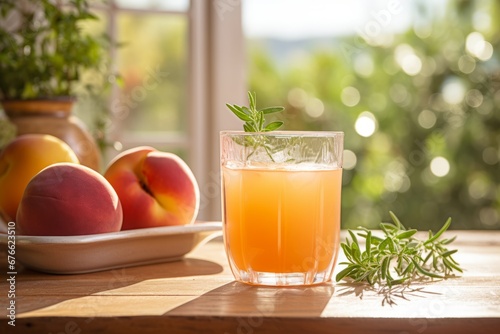 Revitalizing Peach Thyme Juice Served on a Vintage Wooden Table Under Warm Sunrays