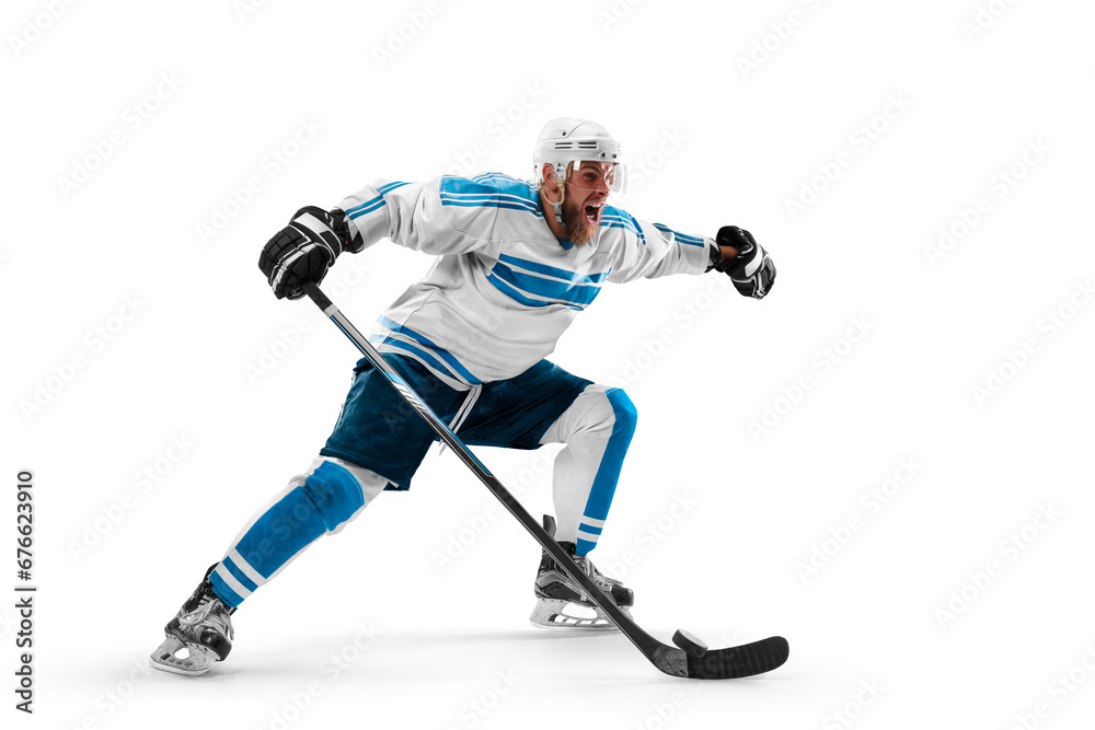 Sports emotions. Hockey concept. Athlete in action. Professional hockey player playing hockey on a white background