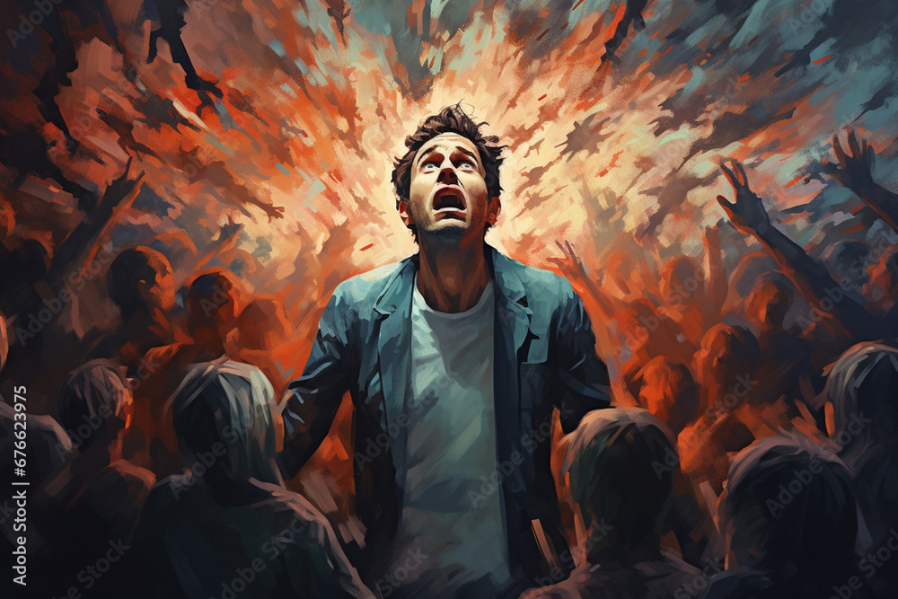 Fototapeta premium A man overwhelmed by anxiety surrounded by a large crowd concept art | Mental health abstract art concept | Mental health overwhelmed by anxiety