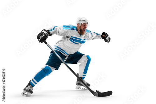 Sports emotions. Hockey concept. Athlete in action. Professional hockey player playing hockey on a white background