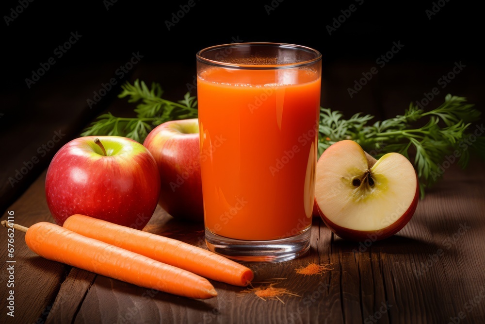 A healthy and refreshing apple and carrot juice served in a glass with fresh ingredients around A healthy and refreshing apple and carrot juice served in a glass with fresh ingredients around
