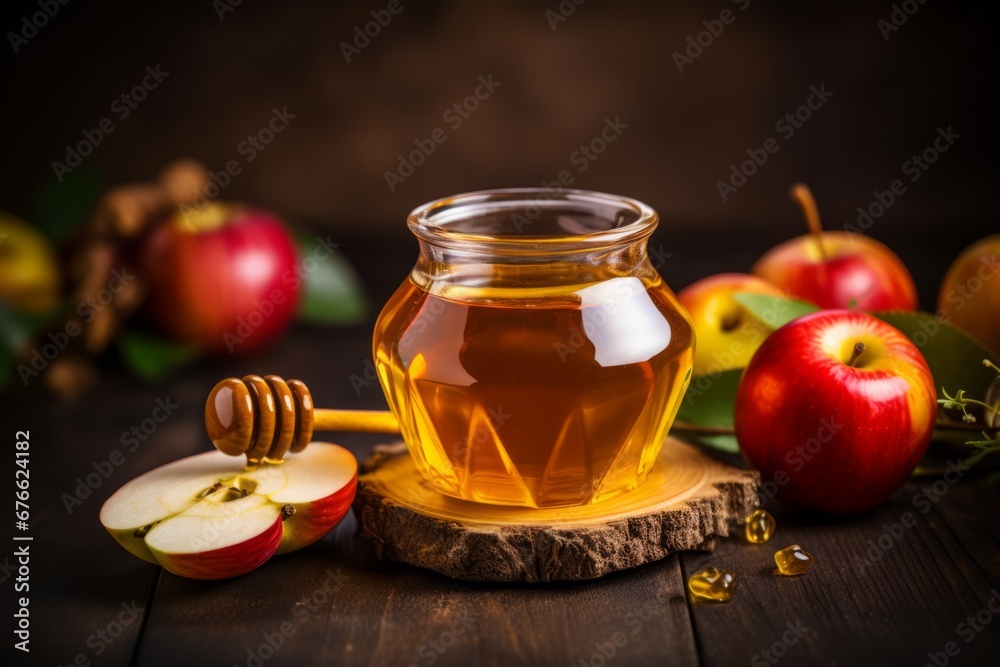 A rustic presentation of a healthful apple and honey blend in a glass with a honey drizzle A rustic presentation of a healthful apple and honey blend in a glass with a honey drizzle