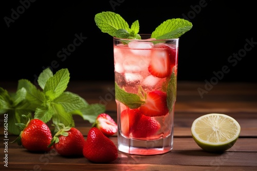 Vibrant Summer Beverage: A Tall Glass of Strawberry and Mint Cooler with Fresh Garnish