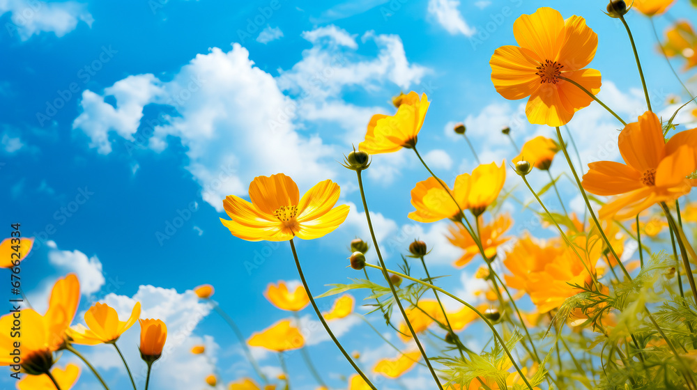 Yellow cosmos flowers with blue sky and white clouds background