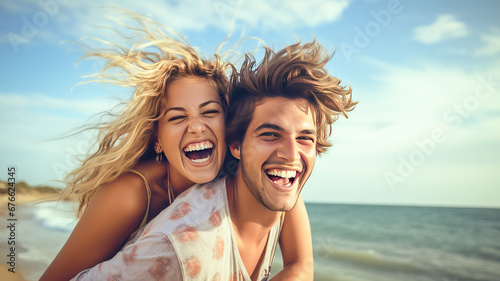 Happy young couple having fun on the beach. Summer vacation and travel concept.