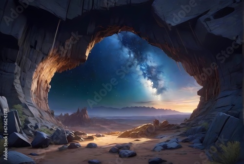 砂漠野営の洞窟から見る星空風景 photo