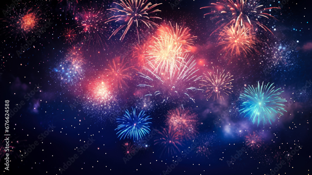 Fireworks night sky background with bokeh lights.