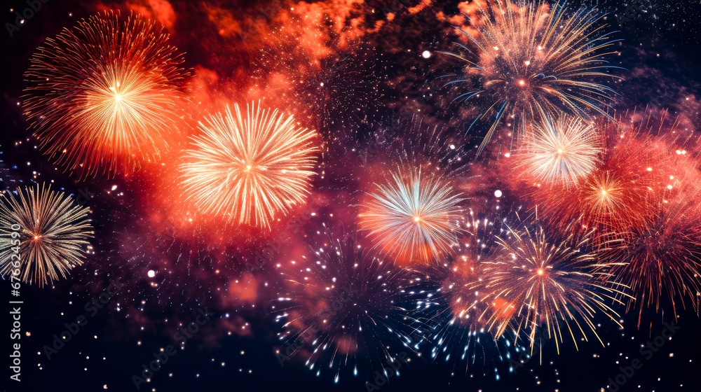 Fireworks night sky background with bokeh lights.