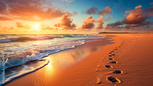 Beautiful seascape with footprints in the sand at sunset. photo