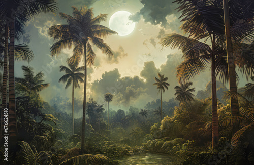 Fantasy landscape with palm trees and full moon