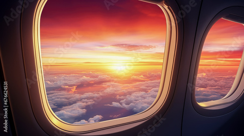 Airplane window view of beautiful clouds and sky at sunset time.