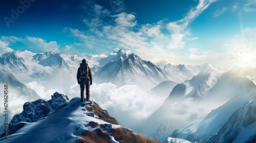 Hiker standing on top of a snowy mountain. Panorama.